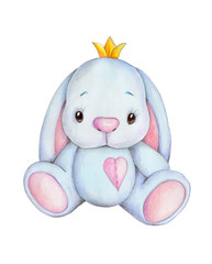 Blue bunny in crown. Watercolor illustration. Isolated. Hand drawn.