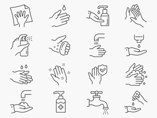 Hand washing line icons set. Black vector illustration. Editable stroke. - obrazy, fototapety, plakaty