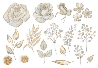 Watercolor floral set of flowers, leaves, twigs, feathers. Grey with a Golden outline, elements isolated on a white background. For invitations, greetings, stickers, wedding decor.