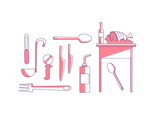 Fototapeta na wymiar Culinary items red linear objects set. Meat dish and wine bottle, kitchen tools thin line symbols pack. Cutlery, cooking equipment isolated outline illustrations on white background