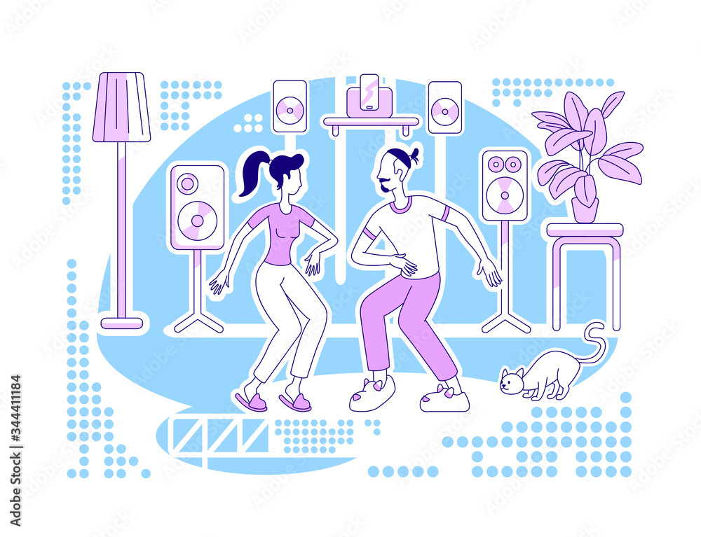 Wall mural Dancing at home flat silhouette vector illustration. Family activity while staying indoors. Recreation inside house. Couple outline characters on blue background. Weekend simple style drawing