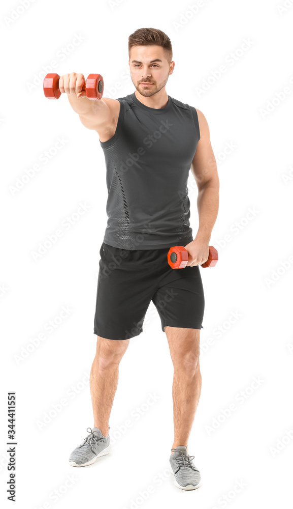 Sticker sporty young man training with dumbbells on white background