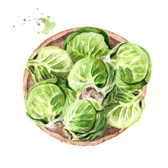 Bowl with Brussels sprouts, top view. Hand drawn watercolor illustration, isolated on white background