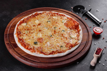Delicious fresh oven cooked pizza four cheeses