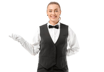 Beautiful female waiter on white background