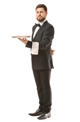 Handsome male waiter on white background