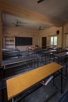 Empty classroom with desks in Indian school