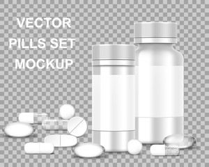 White blank transparent Bottle packaging with pills and capsules isolated. Medicine banner design. Medical container mockup. Vector