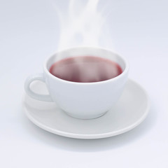 cup with red hot tea on white background, over light
