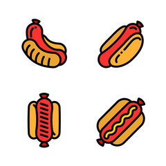 Hot dog icons set. Outline set of hot dog vector icons for web design isolated on white background