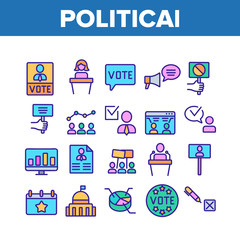 Political Election Collection Icons Set Vector. Political Candidate Speaking On Tribune, Government Building And Loudspeaker Concept Linear Pictograms. Color Illustrations