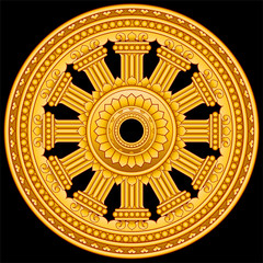 Golden Dharma wheel isolated on black background. Graphic vector