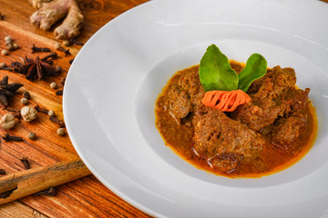 Beef Rendang Padang Food, Famous Indonesian Food, The popular Padangnese or West Sumatran dish of spicy beef stew.