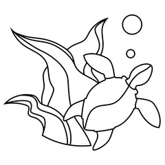 template for baby coloring. sea turtle swimming among seaweed. linear style