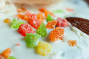 Multi-colored confectionery topping for decoration of Easter confectionery, close-up, macro shot.