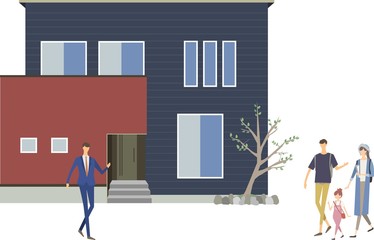 住宅展示場やモデルハウスのカットイラスト　見学する家族