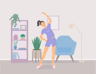 A girl does sports at home. Fitness exercise in the living room. Young woman, furniture in pastel colors. The simple design of the characters, flat vector illustration.