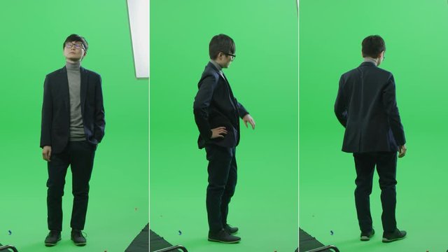 3-in-1 Green Screen Collage: Handsome Asian Businessman Wearing Suit, Waiting, Looking at His Watch, Standing. Multiple Angle Best Value Package: Front, Side, Back Views