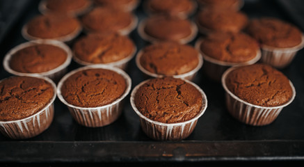 Chocolate muffins bakery. Brownie cupcakes on the baking pan. Baking at home, home bakery.