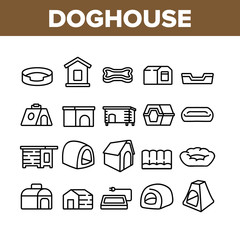 Doghouse Accessory Collection Icons Set Vector. Doghouse In Different Style, Container For transportation And Bed For Sleeping Animal Dog Concept Linear Pictograms. Monochrome Contour Illustrations
