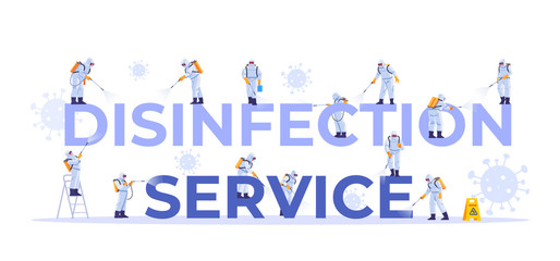 Disinfection service. Concept set of cleaning company staff different poses, for web page, banner, presentation, social media, documents, cards, posters. Coronavirus, pandemic. Vector illustration.