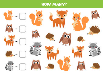 Counting game for kids. Cute woodland animals.