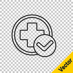 Obraz premium Black line Cross hospital medical icon isolated on transparent background. First aid. Diagnostics symbol. Medicine and pharmacy sign. Vector Illustration