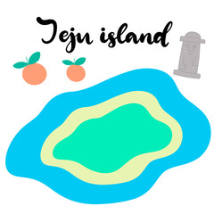 Jeju Korean island vector illustration. Travel to South korea. Welcome to Jeju in Korean language. Vacation in Asia. Flat abstract map. Aunt divers and stone statue of dol hareubang tourist attraction