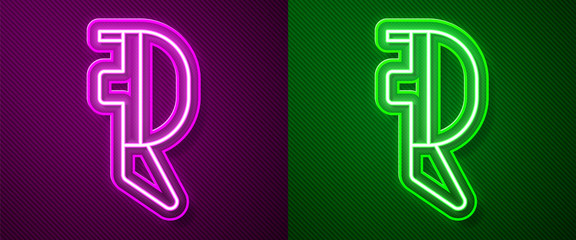 Glowing neon line Fencing helmet mask icon isolated on purple and green background. Traditional sport defense. Vector Illustration