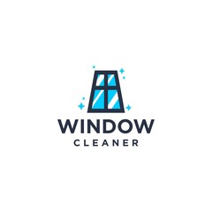 window cleaning service brand logo, house keeping service logo with clean window , sparkle exterior interior illustration