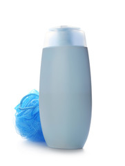 Shower gel and loofah on white background