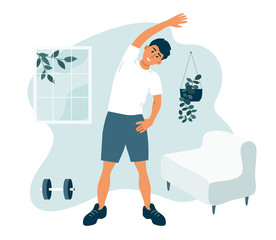 Stay home, keep fit and positive. Man doing side bends, stretching. Sport exercise, fitness workout. Physical activity, healthy lifestyle concept. Quarantine lockdown. Gym at home vector illustration.