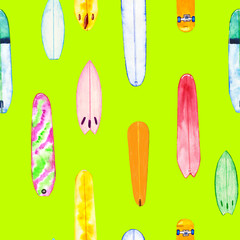 A bright green colorful seamless pattern with boards for surfing and skateboarding. Surf style endless background.