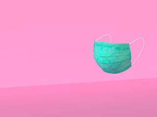 Mascarilla quirúrgica en verde con fondo rosa y espacio para texto, ilustración en 3d
