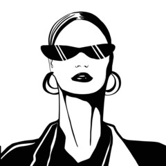 Fashion portrait black-white graphics. Fashion illustration. The girl's face with glasses, beautiful hair. Design for greeting cards, packaging, fashion industry, print clothes.