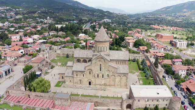 flight over of the Mtskheta, The Old Town Lies At The Confluence Of The Rivers Mtkvari And Aragvi. Svetitskhoveli Cathedral, Ancient Georgian Orthodox Church, Unesco Heritage In The Center.
