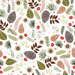 Seamless vector pattern with mushrooms, cones, needles, and berries. Illustration of a forest clearing. Design for paper and fabric