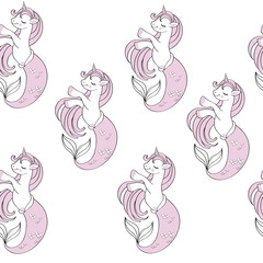 Cute unicorn mermaid seamless pattern on a white background for children