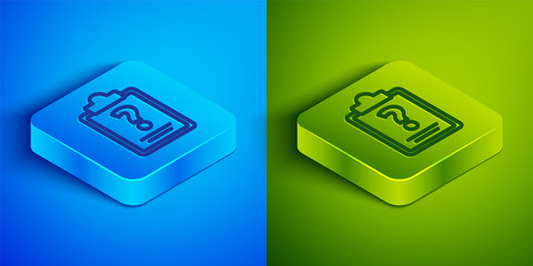 Isometric line Clipboard with question marks icon isolated on blue and green background. Survey, quiz, investigation, customer support questions concepts. Square button. Vector Illustration