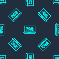 Green line Laptop and FAQ icon isolated seamless pattern on blue background. Adjusting, service, setting, maintenance, repair, fixing. Vector Illustration