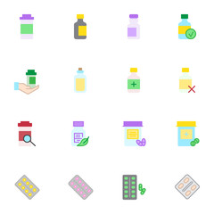 Medicines elements collection, flat icons set, Colorful symbols pack contains - medical pill bottles, capsule tablets, blister pack, painkiller. Vector illustration. Flat style design