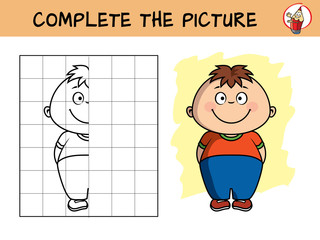 Smiling little boy. Copy the picture. Coloring book. Educational game for children. Cartoon vector illustration
