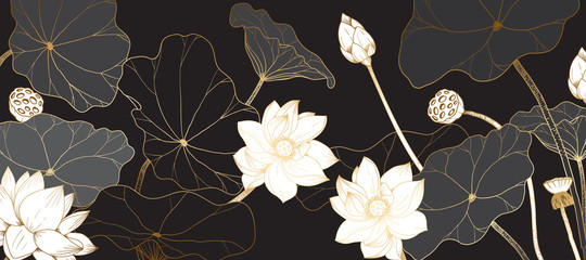 Golden lotus line arts on dark background, Luxury gold wallpaper design for prints, banner, fabric, poster, cover, digital arts vector illustration.	 - 344425742