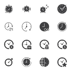 Time and clock vector icons set, modern solid symbol collection, filled style pictogram pack. Signs, logo illustration. Set includes icons as deadline, stopwatch chronometer, alarm clock, world time