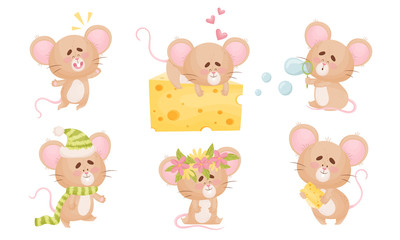 Cartoon Mouse with Big Ears and Long Tail Sleeping on Cheese Slab and Blowing Bubbles Vector Set