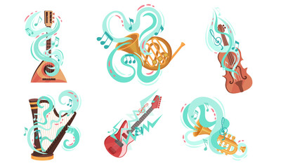Musical Stringed and Wind Instruments with Decorative Swirling Lines Vector Set