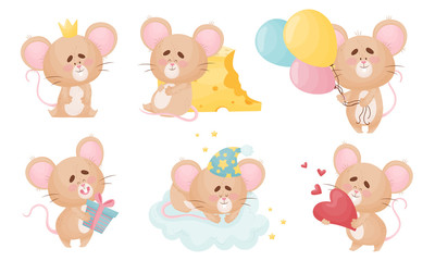 Cartoon Mouse with Big Ears and Long Tail Sleeping on Soft Cloud and Carrying Gift Box Vector Set