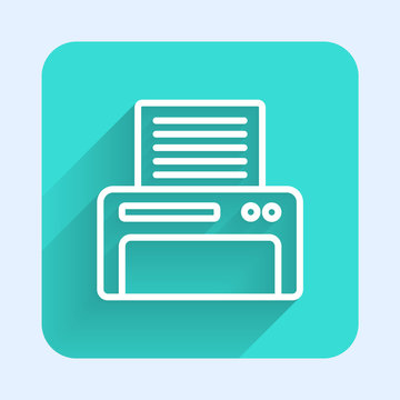 recommend clip art: White line Printer icon isolated with long shadow. Green square button. Vector Illustration