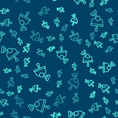 Green line Radar icon isolated seamless pattern on blue background. Search system. Satellite sign. Vector Illustration