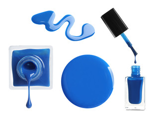 Collage of blue nail polish on white background